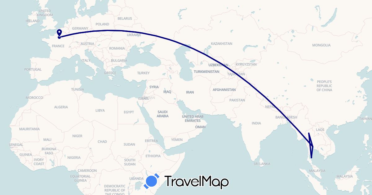 TravelMap itinerary: driving in France, Thailand (Asia, Europe)